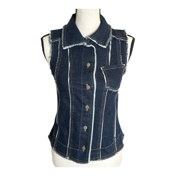 Vintage LA Blend Denim Spandex Short Vest Womens Small Bohemian Blue Button - Picture 1 of 12